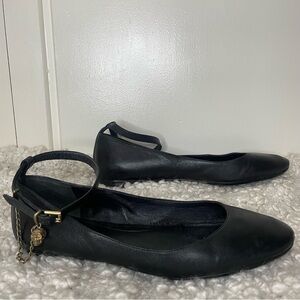 Alexander McQueen Black Leather Gold Skull Ankle-Strap Ballet Flat EU 38 US 8